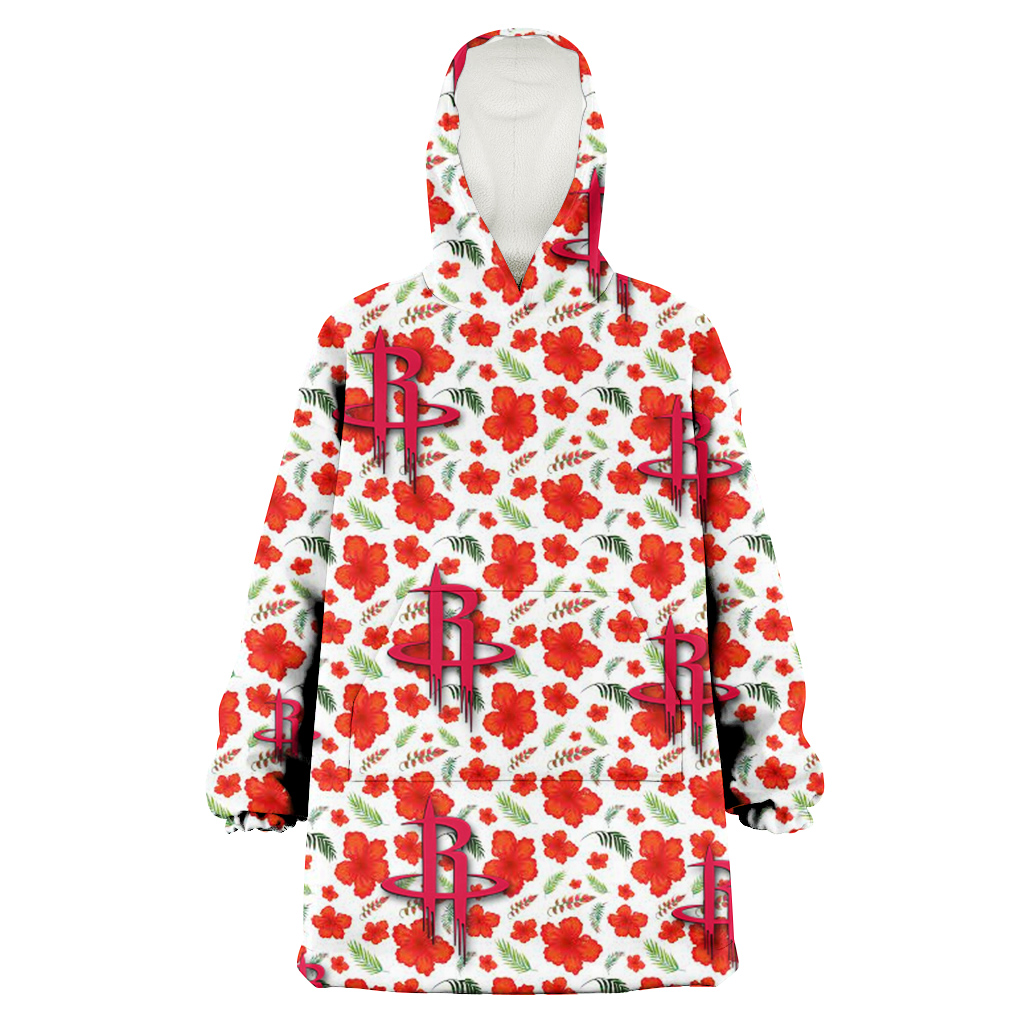Houston Rockets Tiny Red Hibiscus Green Leaf White Cube Background 3D Printed Hoodie Blanket Snug Hoodie