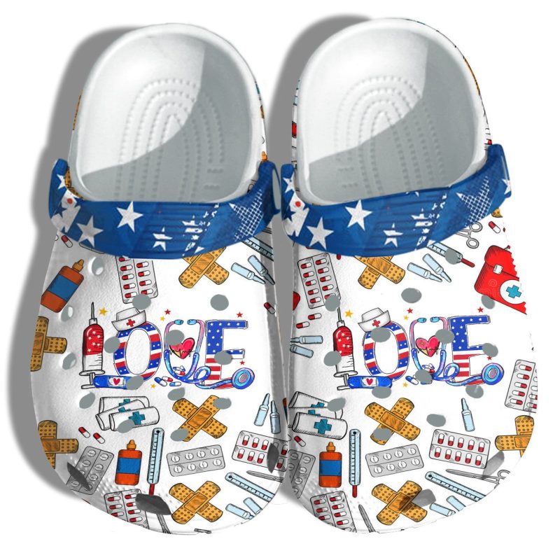 Personalized Clogs –  Nurse Love 4Th Of July Shoes Gift Women – Nurses Life Happy Party America Flag Shoes Birthday Gift Mommy