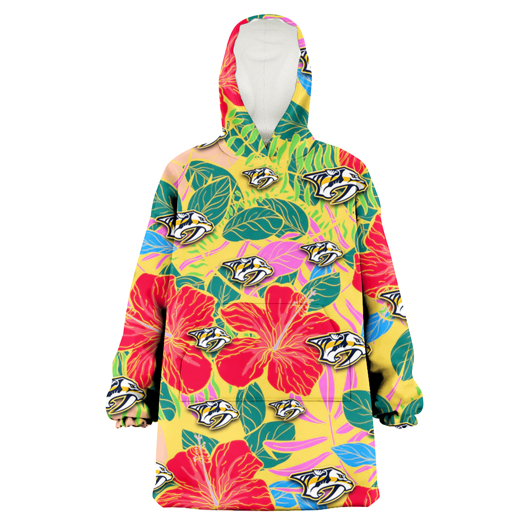 Nashville Predators Red Hibiscus Green Blue Leaf Yellow Background 3D Printed Hoodie Blanket Snug Hoodie