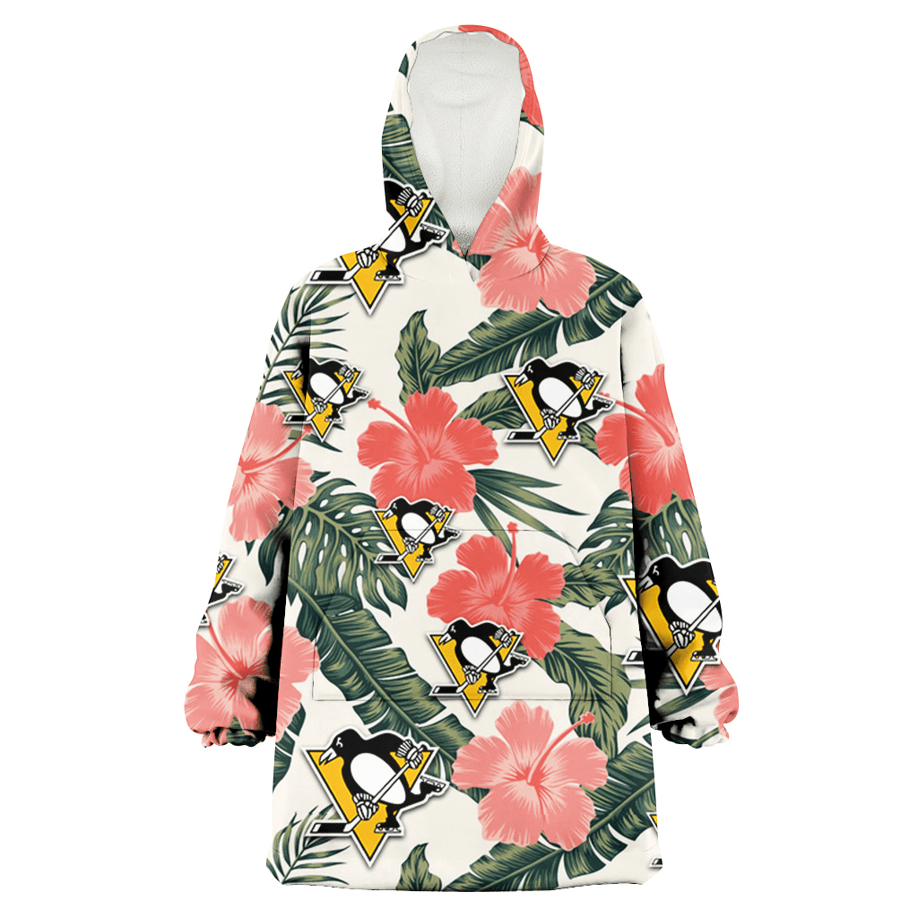 Pittsburgh Penguins Pink Coral Hibiscus Banana Leaf Beige Background 3D Printed Hoodie Blanket Snug Hoodie