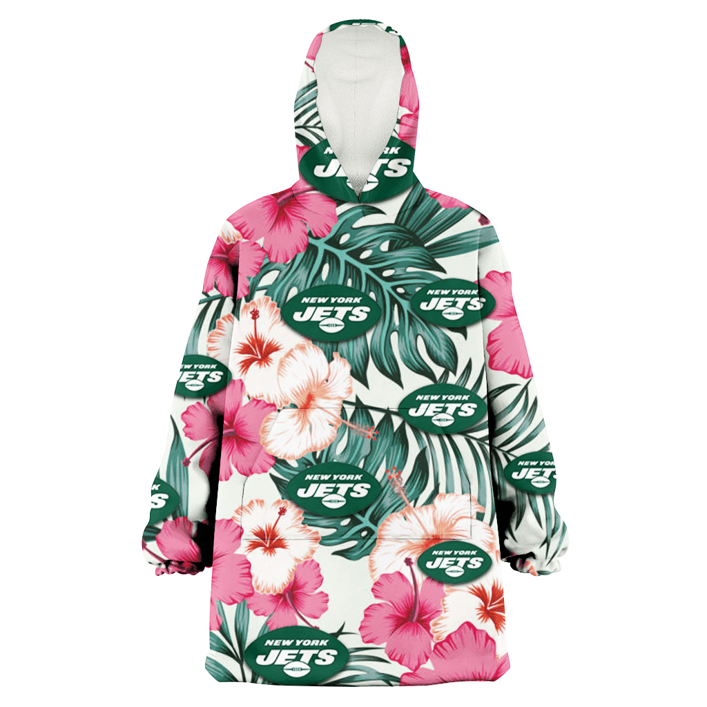 New York Jets Coral Pink Hibiscus Green Leaf Beige Background 3D Printed Hoodie Blanket Snug Hoodie