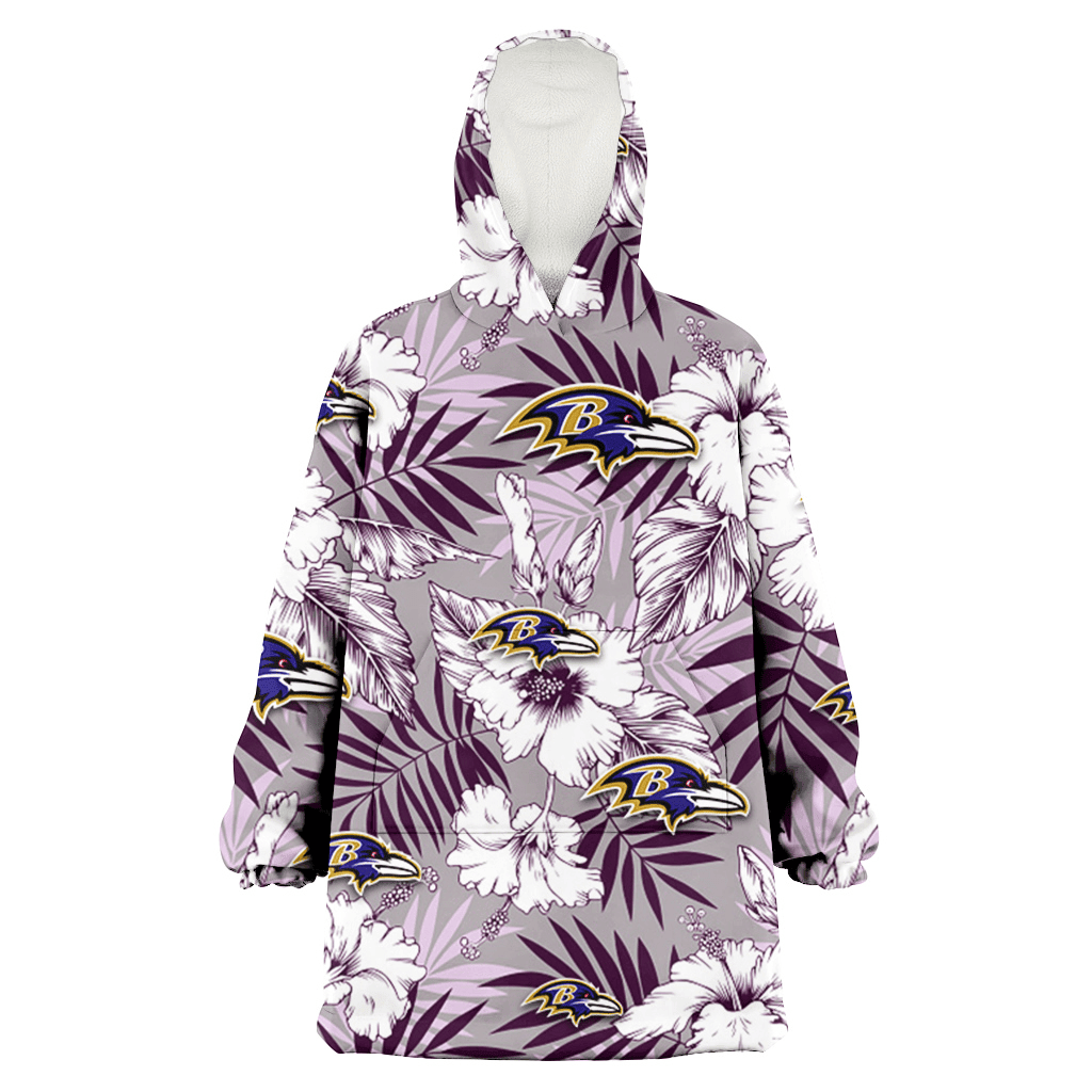 Baltimore Ravens White Hibiscus Violet Leaves Light Grey Background 3D Printed Hoodie Blanket Snug Hoodie