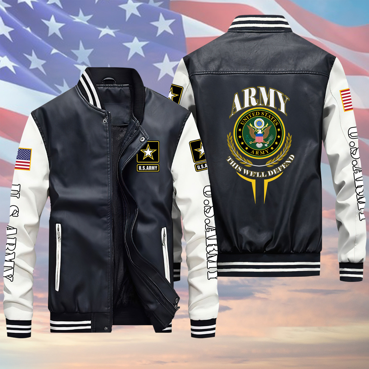 US Army Veteran Seal Logo Laurel Wreath Black Winter Gear Leather Bomber Leterman Varsity Jacket