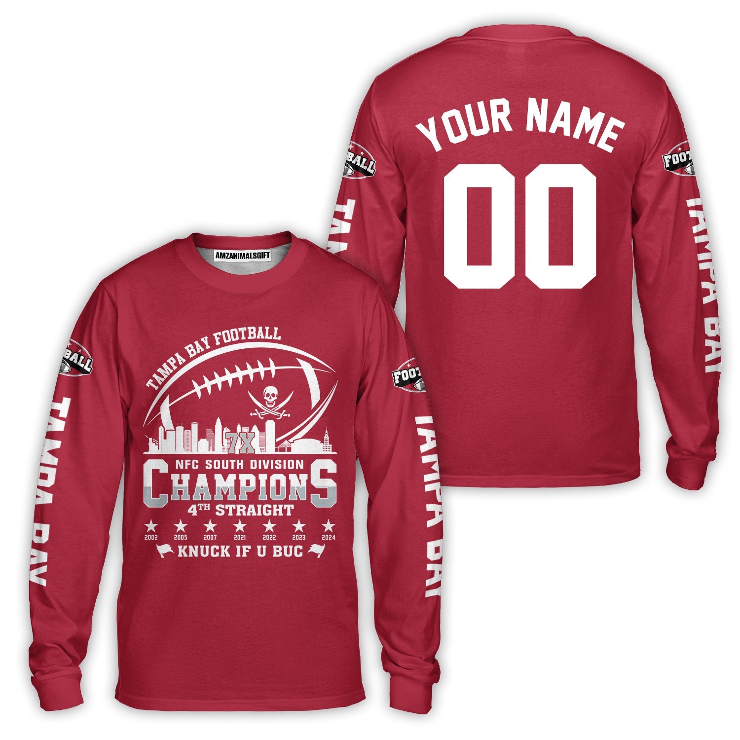 Custom Tampa Bay Football 2024 Nfc South Division Champions Skyline Long Sleeve, 2024 Nfc South Champs Champions Custom Double Sided Long Sleeve Shirt