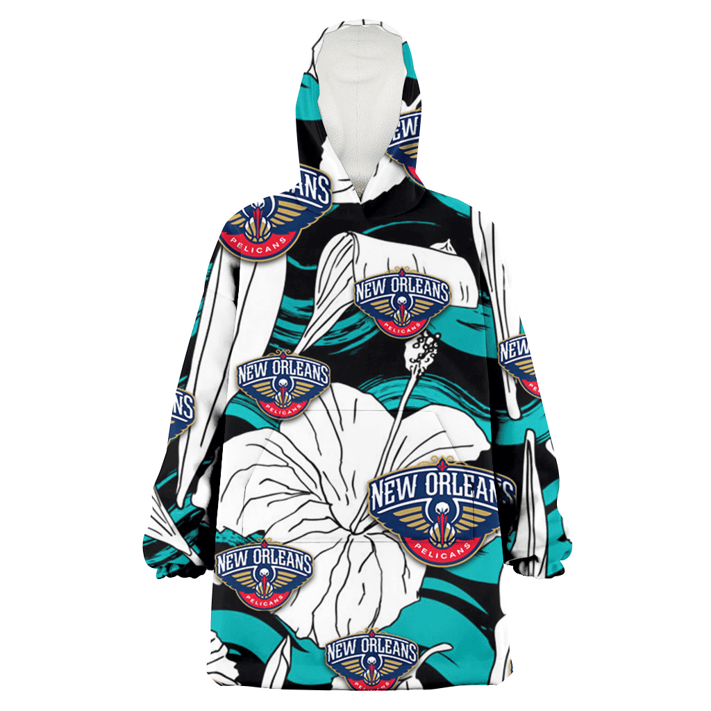 New Orlean Pelicans White Hibiscus Turquoise Wave Black Background 3D Printed Hoodie Blanket Snug Hoodie