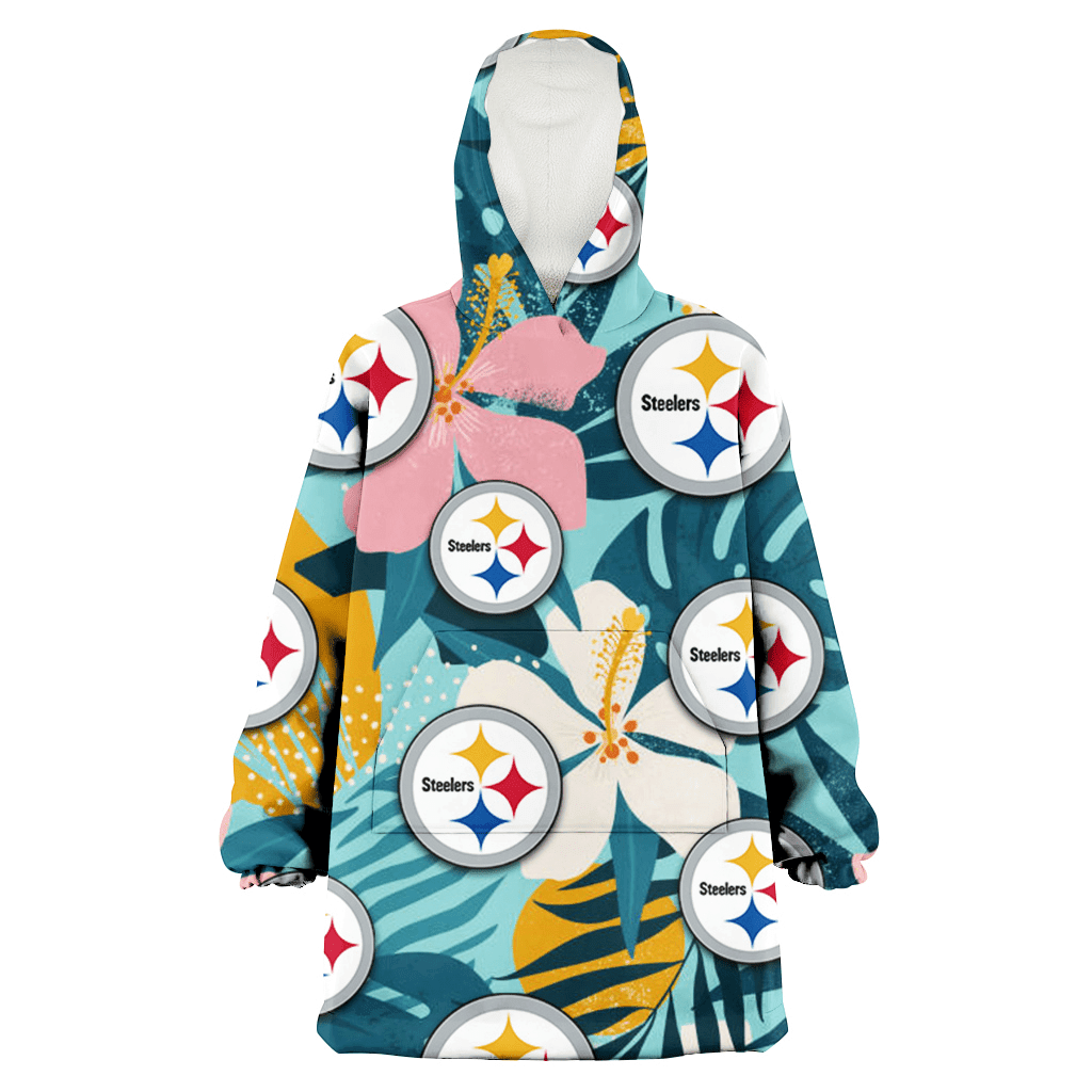 Pittsburgh Steelers Pastel Color Hibiscus Tropical Leaves Light Green Background 3D Printed Hoodie Blanket Snug Hoodie