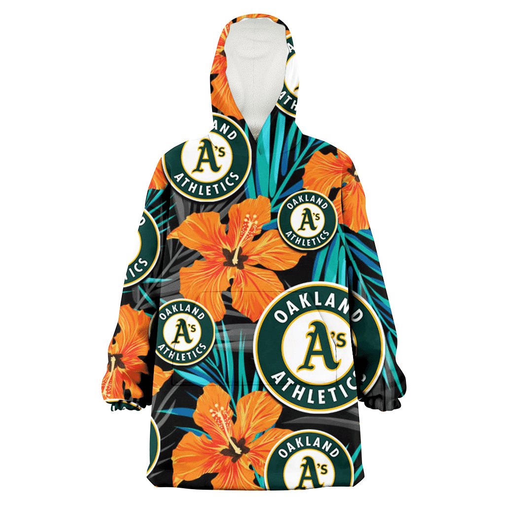 Oakland Athletics Orange Hibiscus Blue Gray Leaf Black Background 3D Printed Hoodie Blanket Snug Hoodie