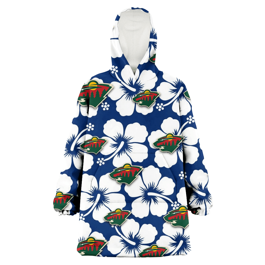 Minnesota Wild Modern White Hibiscus Navy Background 3D Printed Hoodie Blanket Snug Hoodie