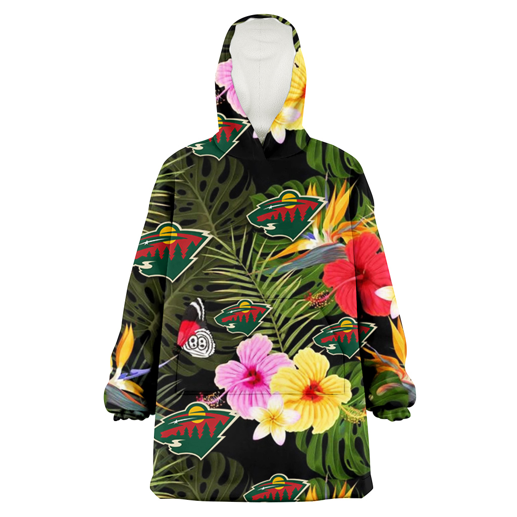 Minnesota Wild Colorful Hibiscus Green Leaf Back Background 3D Printed Hoodie Blanket Snug Hoodie