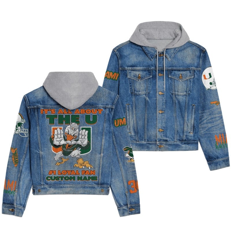 Miami Hurricanes NCAA Team Logo & Motto v4 3D Hooded Denim Jacket