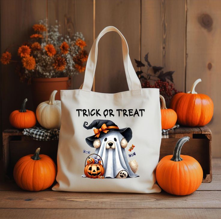 Halloween Ghost Dog and Pumpkin Tote Bag, Halloween Bag, Trick Or Treat, Party Bag For Candy Haul, Canvas Tote Bag, Book Bag, Funny Ghost, Best Tote Bags Ideas, Cute Tote Bags Ideas, Tote Bag Design Ideas, Girls Tote Bag, Best Canvas Tote Bags Ideas