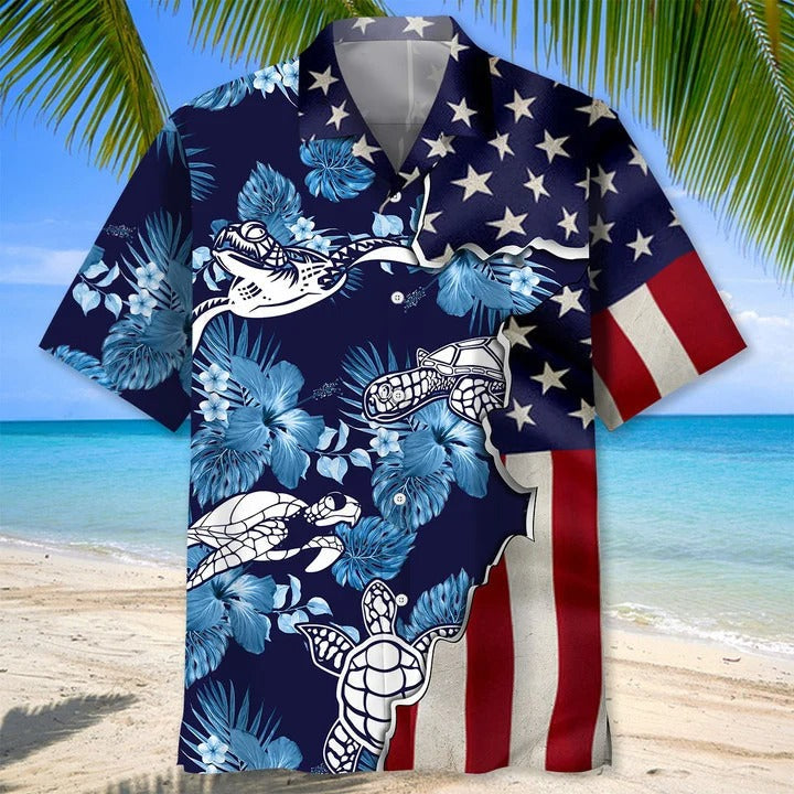 Turtle Tropical Us Flag Hawaiian Shirt, Summer Hawaii Turtle Beach Shirt, Animal Hawaiian Shirts