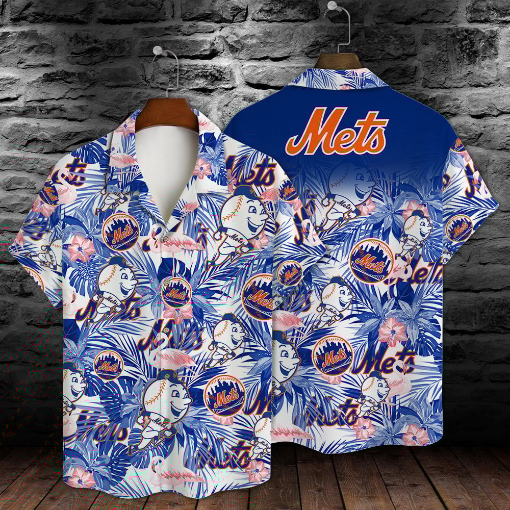 New York Mets Major League Baseball Mascot And Hibiscus Pattern 3D Print Hawaiian Shirt May
