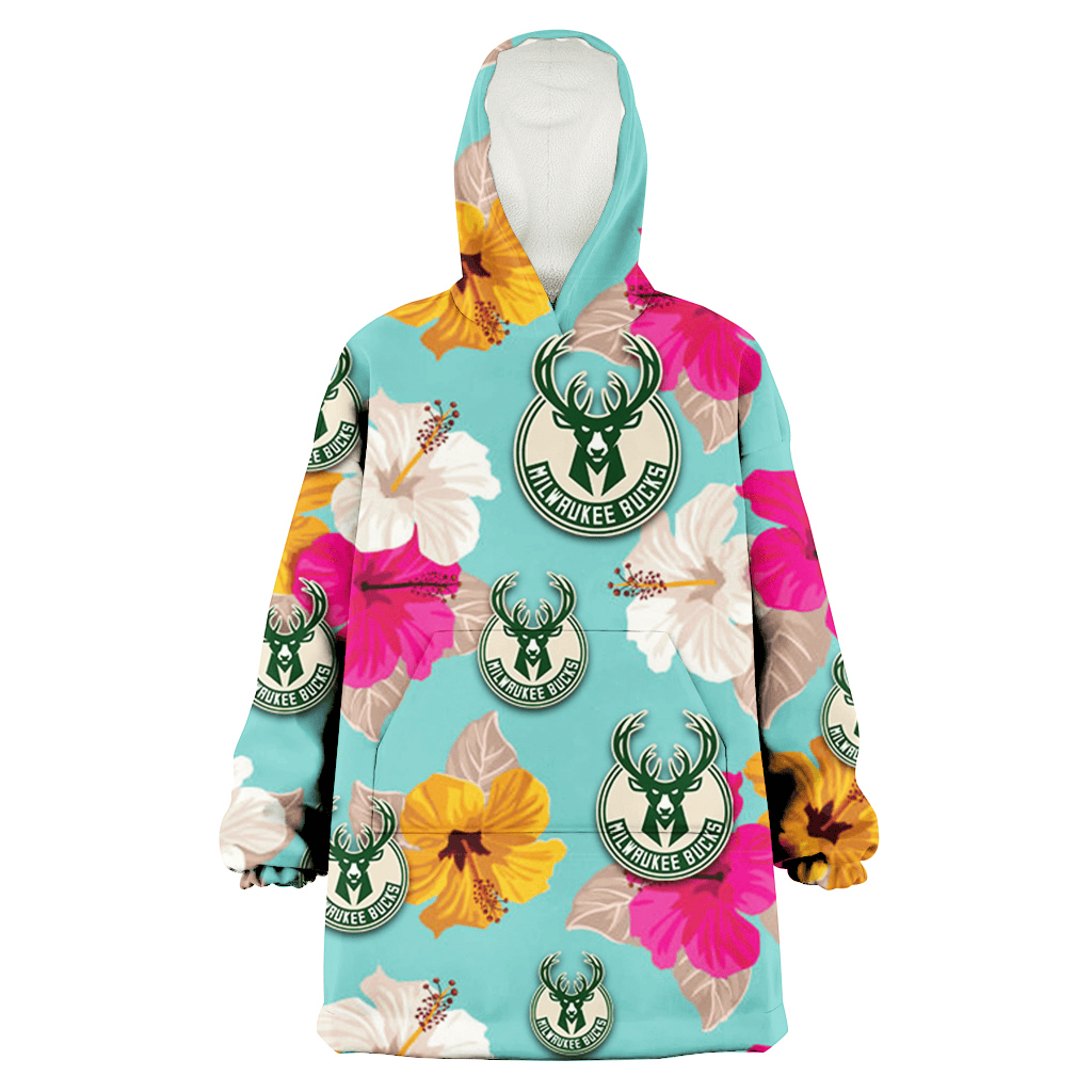 Milwaukee Bucks Pink Yellow White Hibiscus Turquoise Background 3D Printed Hoodie Blanket Snug Hoodie