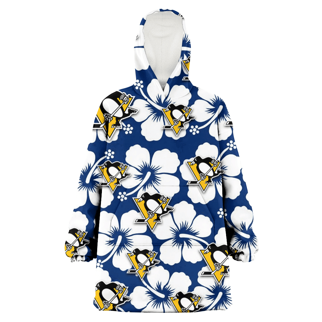 Pittsburgh Penguins Modern White Hibiscus Navy Background 3D Printed Hoodie Blanket Snug Hoodie