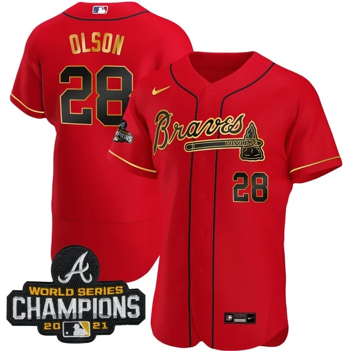 Women’S Atlanta Braves Matt Olson #28 World Series Chapions Patch Gold Trimred Jersey – All Stitched