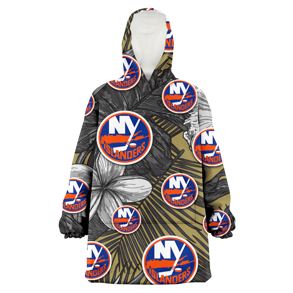 New York Islanders Gray Sketch Hibiscus Yellow Palm Leaf Black Background 3D Printed Hoodie Blanket Snug Hoodie