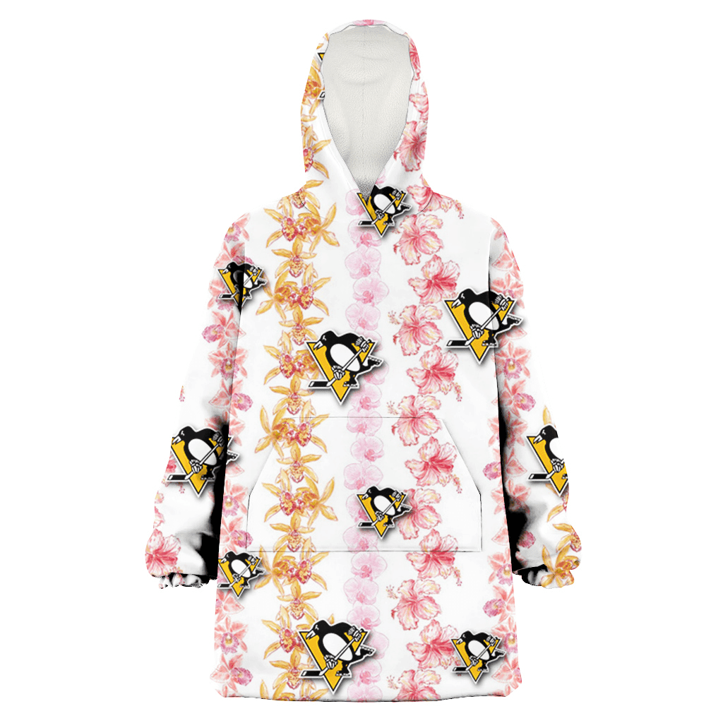 Pittsburgh Penguins Pink Hibiscus Yellow Pink Orchid White Background 3D Printed Hoodie Blanket Snug Hoodie