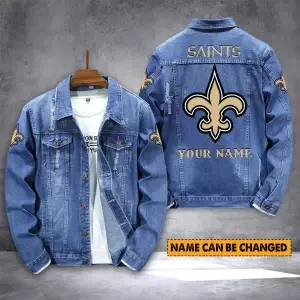 New Orleans Saints NFL Team Name Personalized Back Sleeve Logo Blue Huge Pattern Denim Jacket