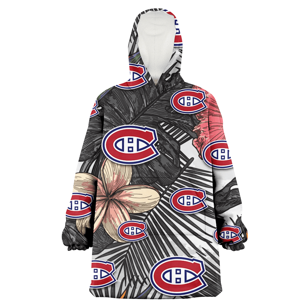 Montreal Canadiens Pink Sketch Hibiscus Gray Palm Leaf White Background 3D Printed Hoodie Blanket Snug Hoodie