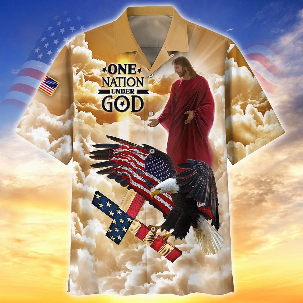 One Nation Under God 3D Full Printed Hawaiian Shirt For Summer, Patriotic 4Th Of Jul Hawaii Aloha Beach Shirt