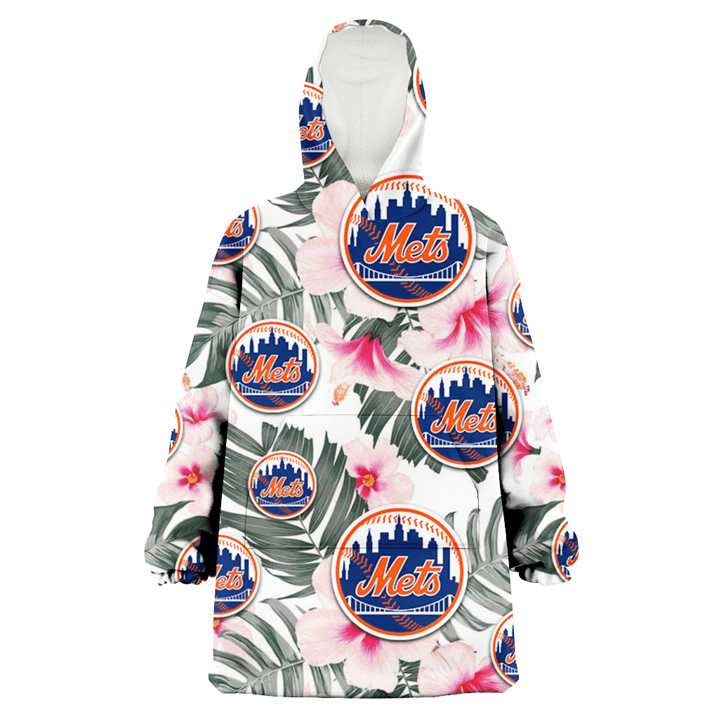 New York Mets White Hibiscus Green Leaf White Background 3D Printed Hoodie Blanket Snug Hoodie