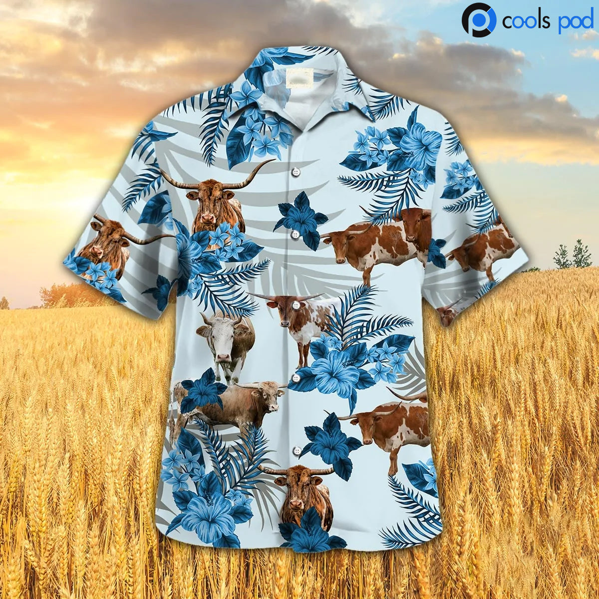 Texas Longhorn Hibiscus Hawaiian Shirt, Blue Cow Hawaiian Shirt, Farm Hawaii Shirts