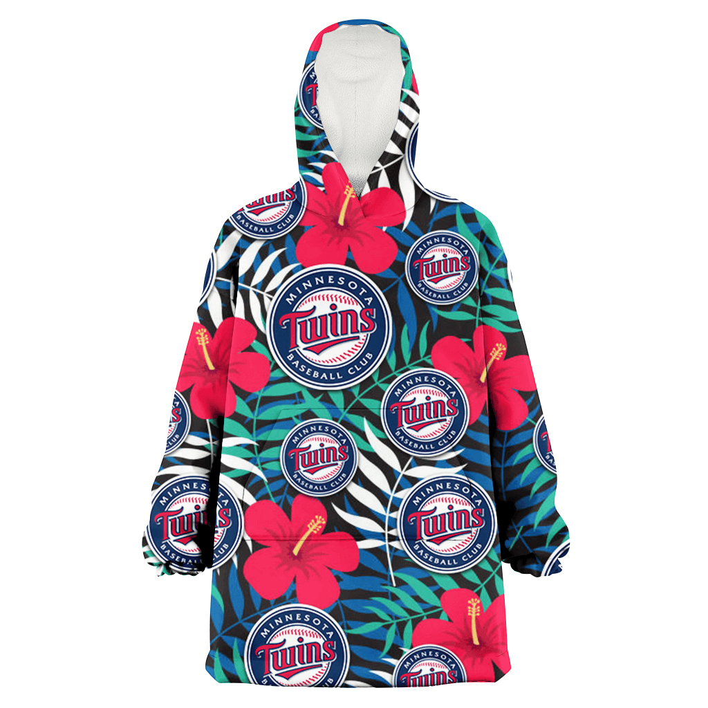 Minnesota Twins Red Hibiscus Green Blue White Leaf Black Background 3D Printed Hoodie Blanket Snug Hoodie