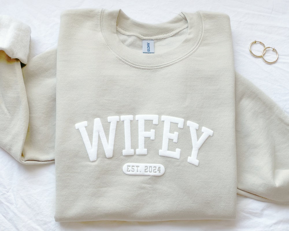Personalized Wifey Sweatshirt, Wedding Gift, Gift for Bride, New Wife Sweatshirt, Unique Bridal Shower Gift, Newlywed Honeymoon Present Designed By LightMyShirt