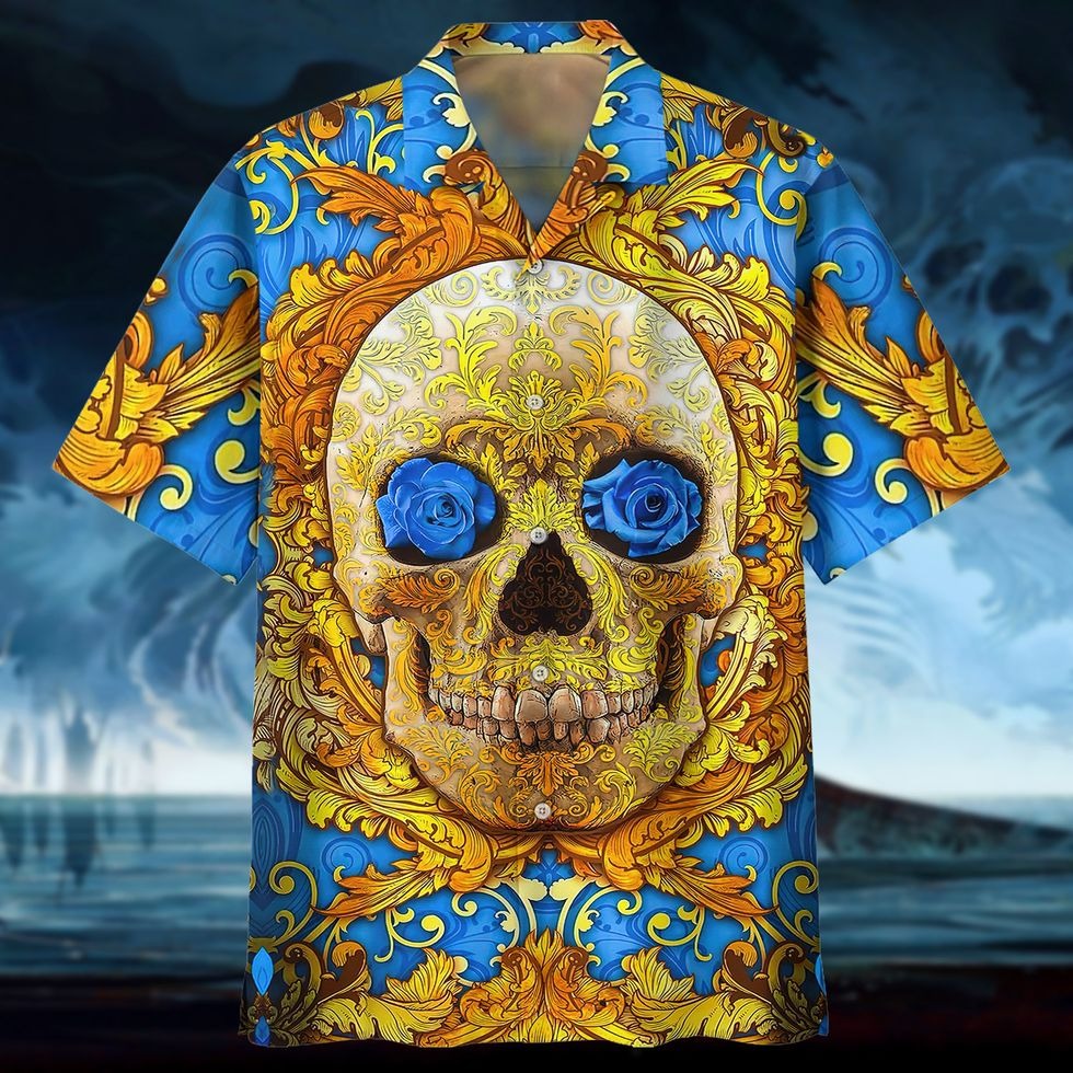 Coolspod 3D Full Printed Hawaiian Shirts With Skull, Blue Flowers Skull Hawaii Aloha Beach Shirts, Skull Hawaiian Shirt