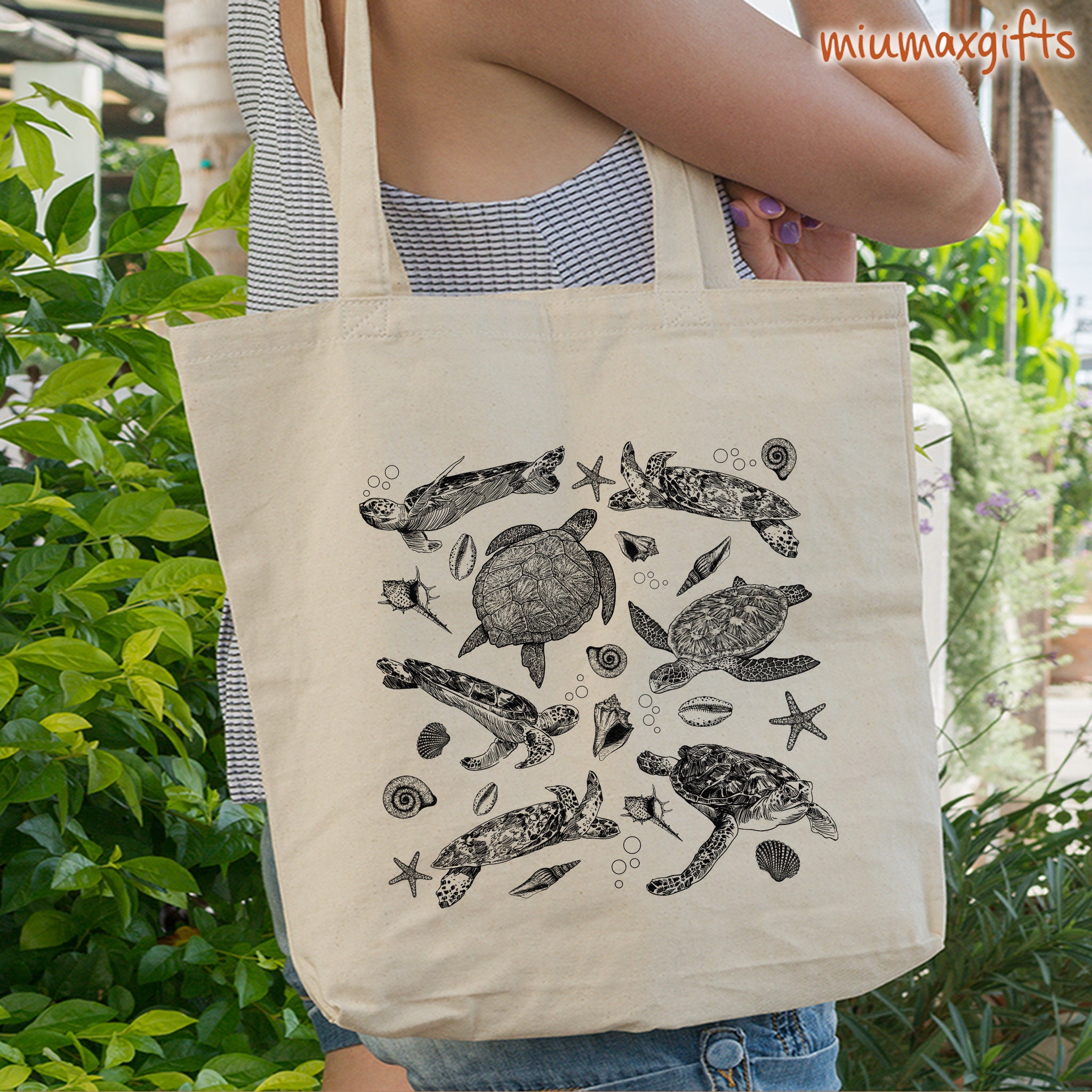 Sea Turtle Tote Bag, Sea Animals Tote Bag, Hand Drawn Design By Miumaxgift, Natural Cotton Tote Bag, Eco-Friendly Tote Bag