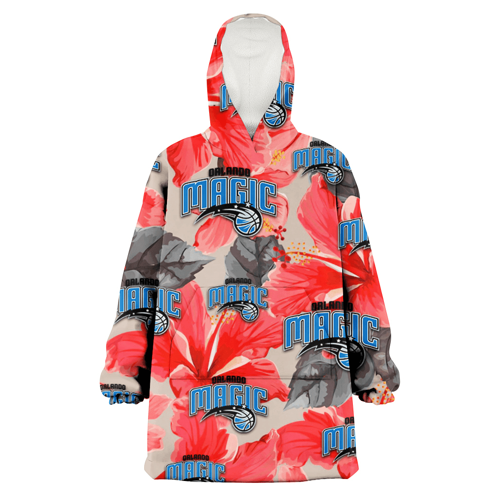 Orlando Magic Red Hibiscus Gray Leaf Beige Background 3D Printed Hoodie Blanket Snug Hoodie