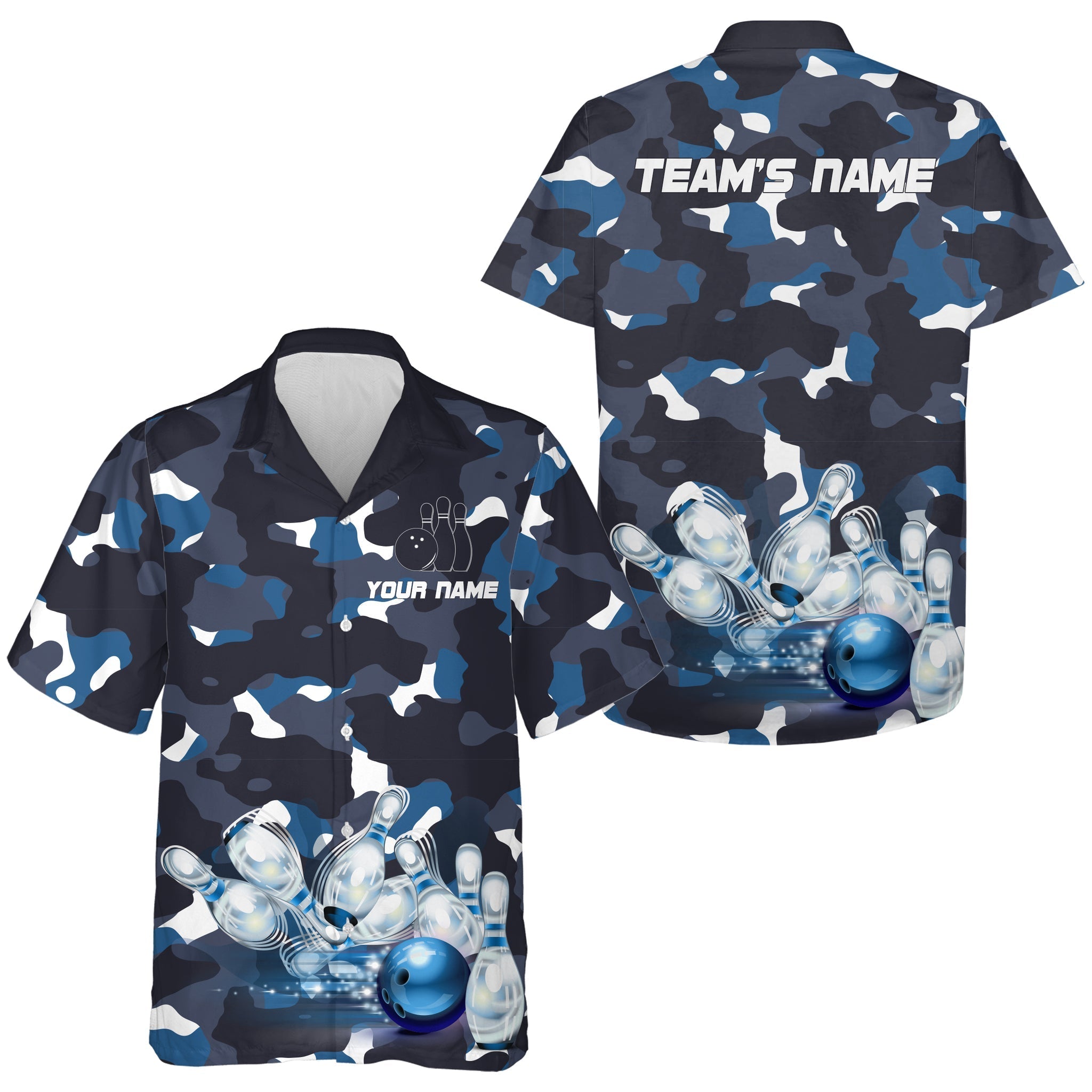 Blue Camo Hawaiian Bowling Shirt For Men Women, Custom Team Name Short Sleeve Bowlers Jersey