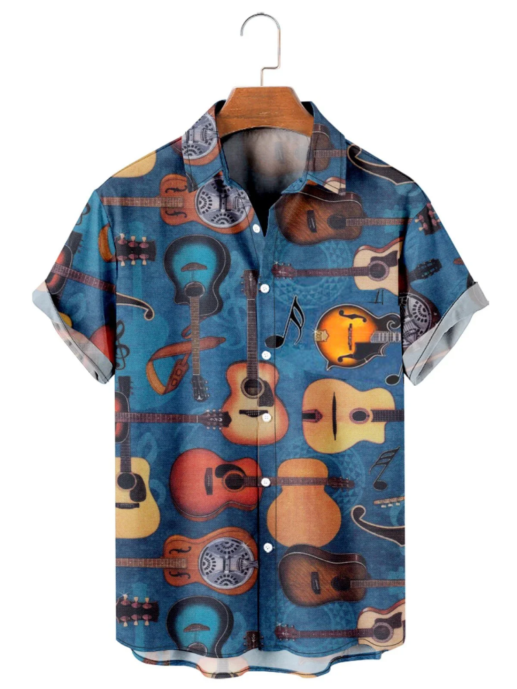 Men’S Vintage Guitar Print Short Sleeve Shirt Hawaiian Shirt For Men, Guitar Aloha Shirt, Gift For Guitar Lover