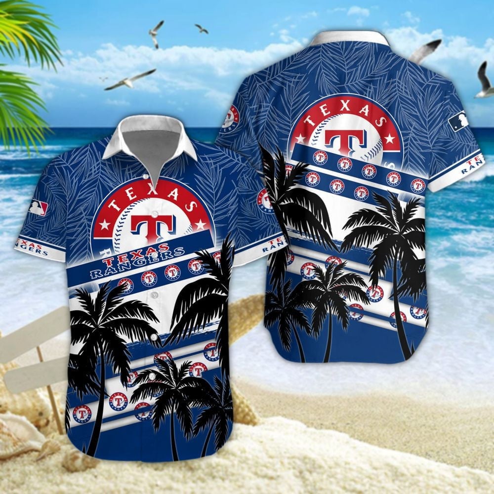 Texas Rangers Mlb Black Palm Trees And Team Logo 3D Hawaiian Shirt