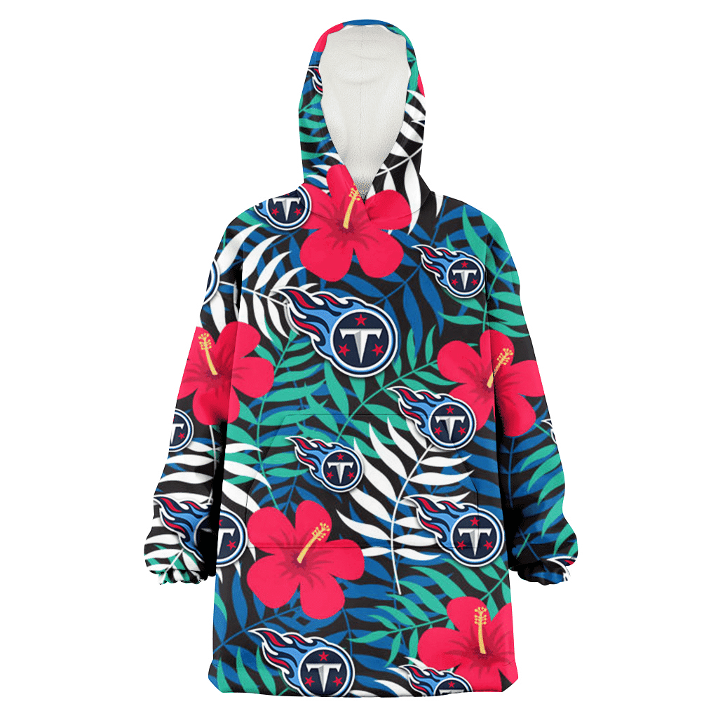 Tennessee Titans Red Hibiscus Green Blue White Leaf Black Background 3D Printed Hoodie Blanket Snug Hoodie