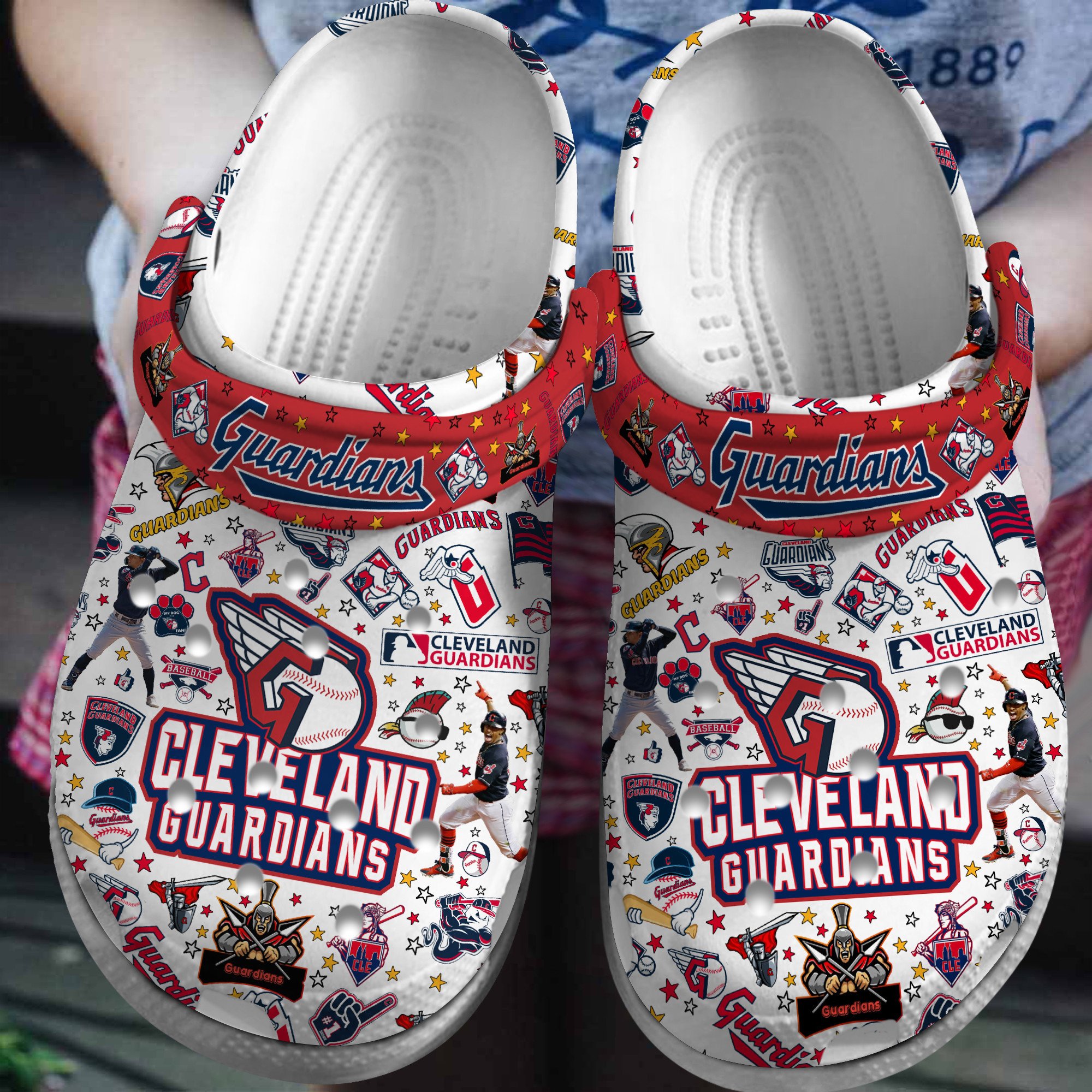 Cleveland Guardians Logo Baseball MLB Cheer Mascot Red Sander White Crocss Classic Clogs Shoes Ver53