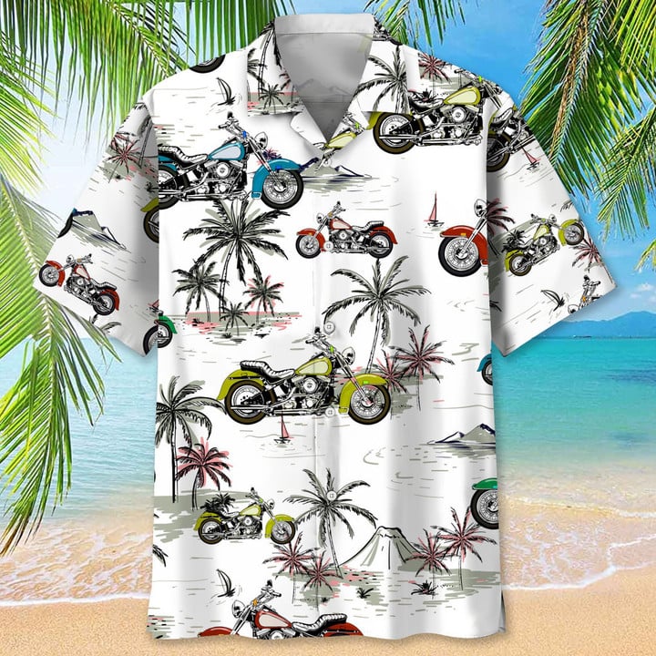 Motocross Green Tropical Hawaiian Shirt, Short Sleeve Summer Vacation Beach Shirts For Men