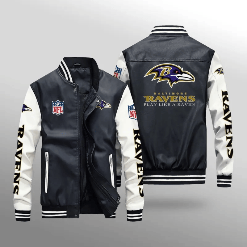 Baltimore Ravens NFL Team Personalized Name Back Logo Leather Bomber Jacket