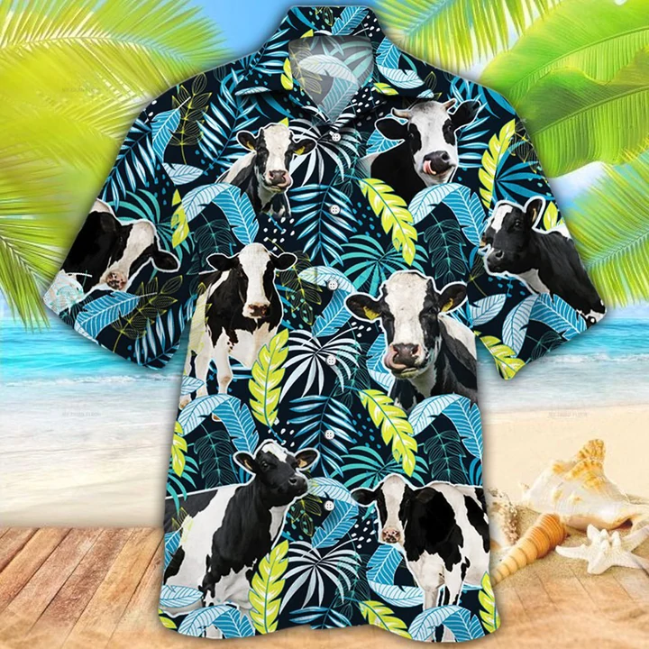 Cow Hawaii Shirt, Holstein Friesian Cattle Lovers Jungle Leaves Hawaiian Shirt, Hawaiian Shirt Men, Women