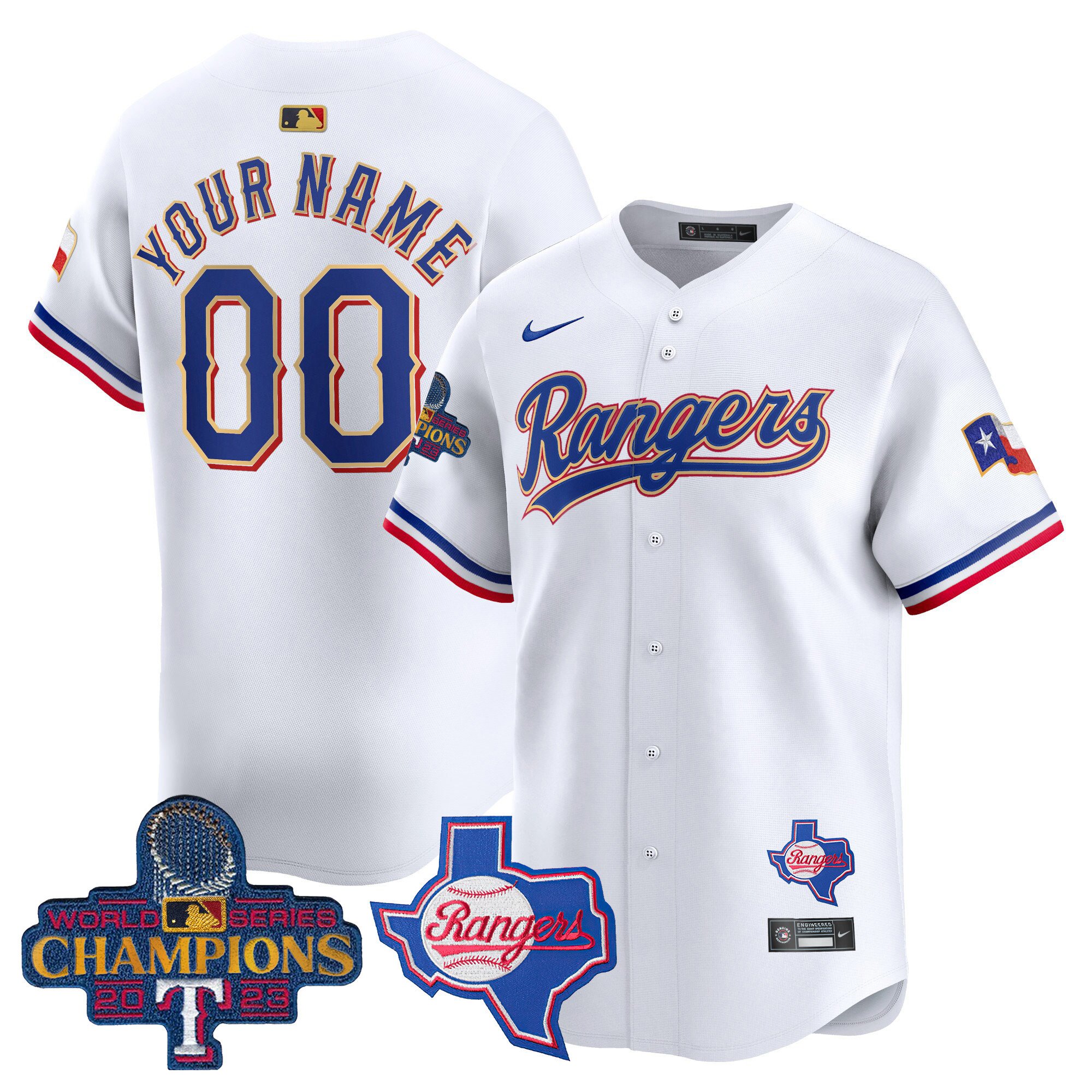 Texas Rangers 2023 World Series Champions Gold Trim Vapor Premier Limited Custom Jersey V2 – All Stitched