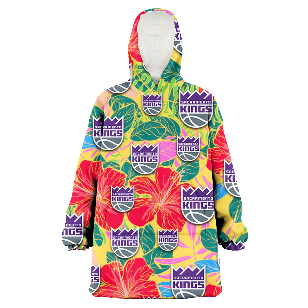 Sacramento Kings Red Hibiscus Green Blue Leaf Yellow Background 3D Printed Hoodie Blanket Snug Hoodie