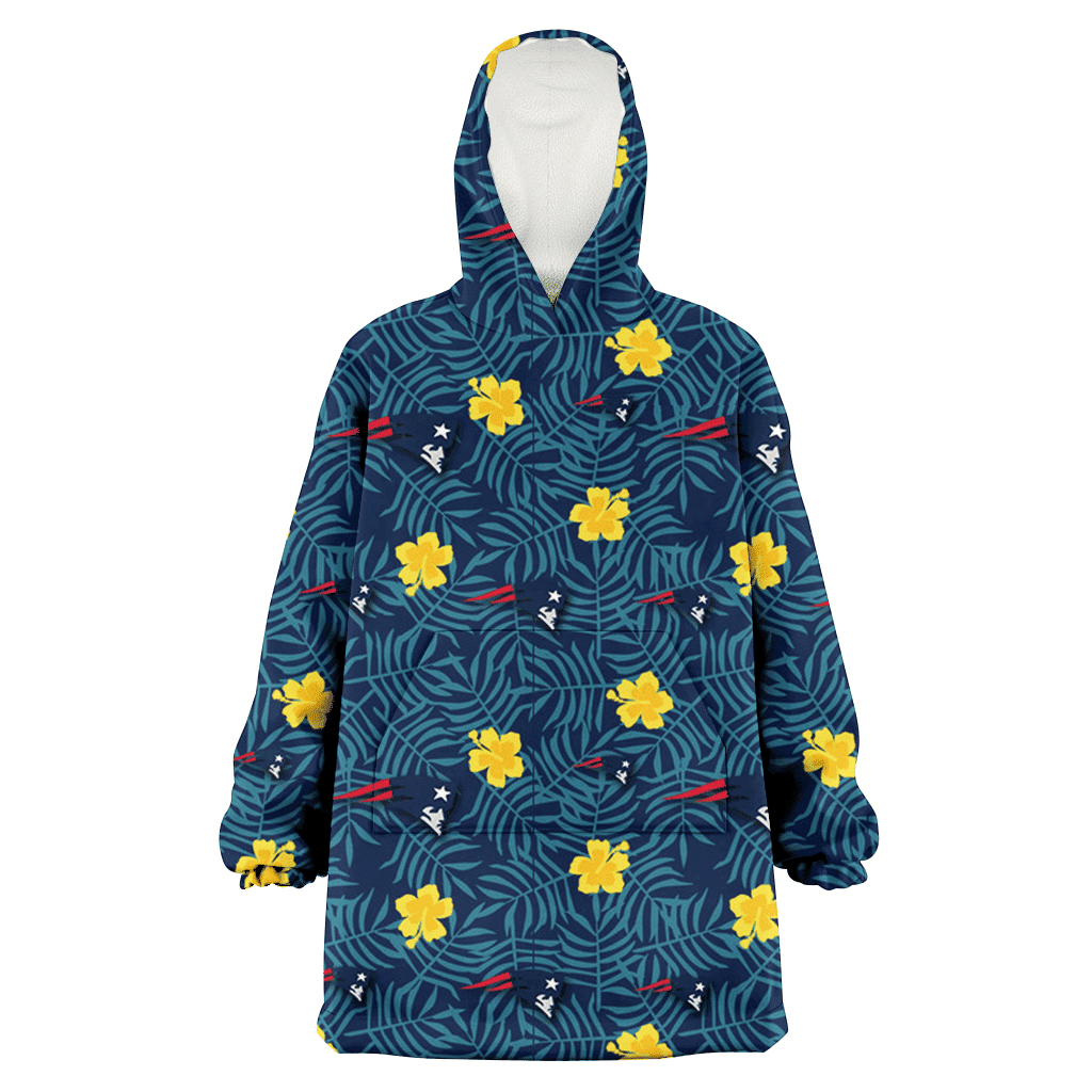 New England Patriots Yellow Hibiscus Cadet Blue Leaf Navy Background 3D Printed Hoodie Blanket Snug Hoodie