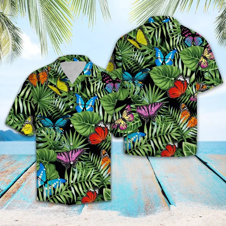 Butterfly And Green Tropical Leaves Design Hawaiian Shirt