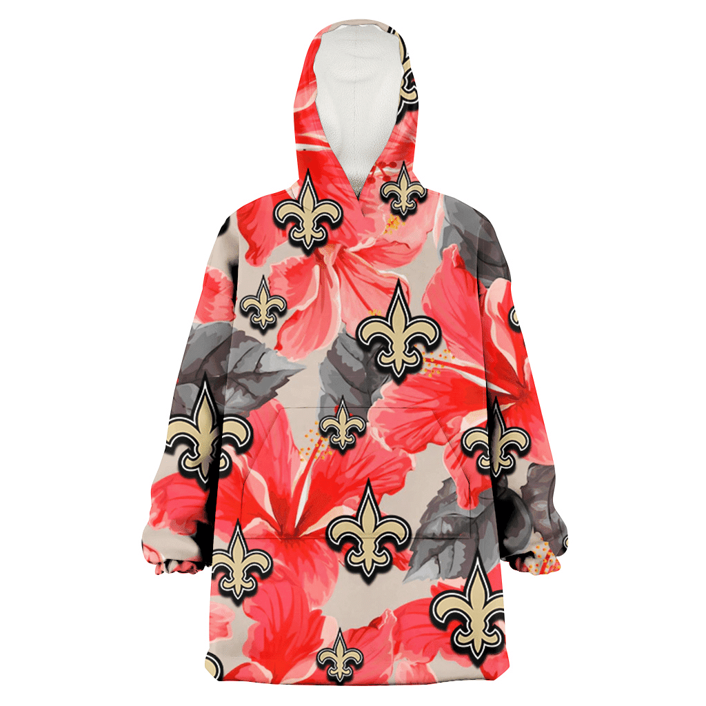 New Orleans Saints Red Hibiscus Gray Leaf Gainsboro Background 3D Printed Hoodie Blanket Snug Hoodie