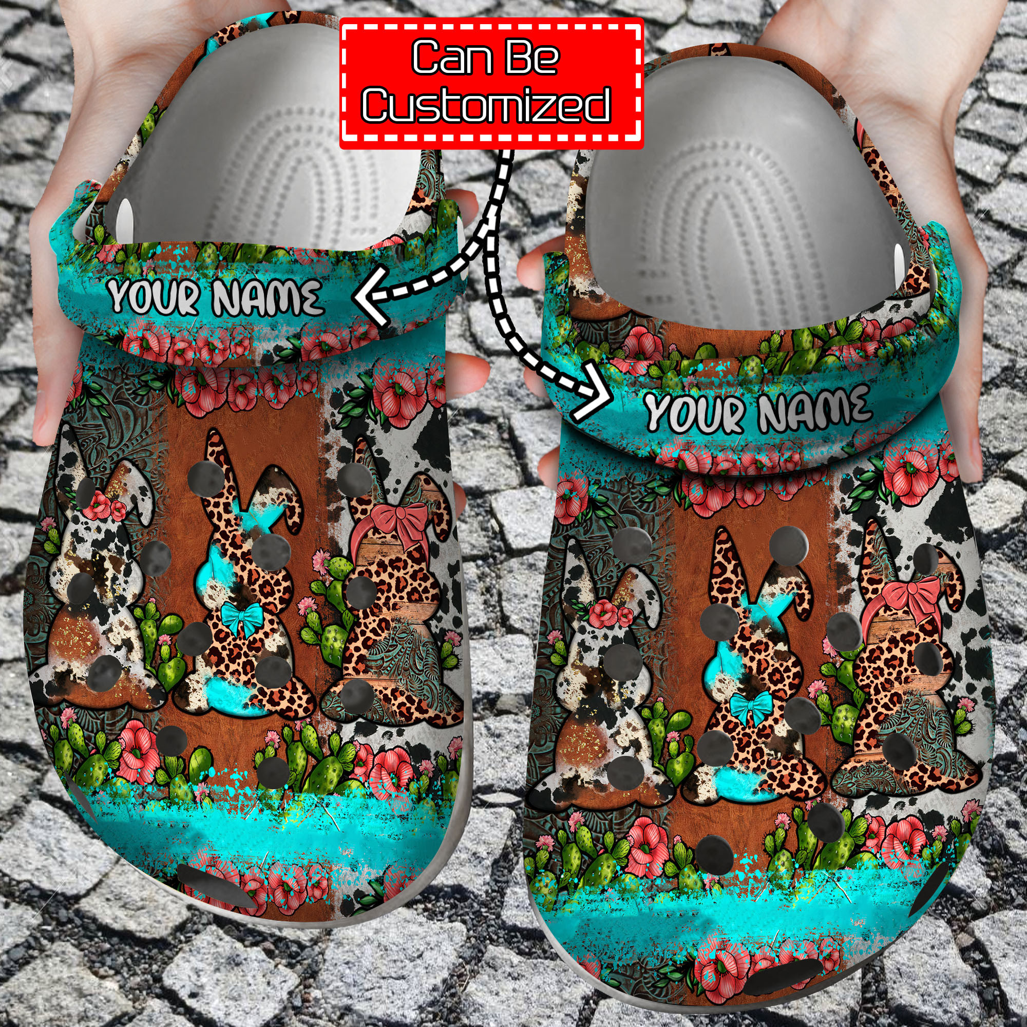 Easter Crocs - Personalized Easter Bunnies' Leopard Cowhide Cactus Clog Shoes Men Women Blueshirtfarm