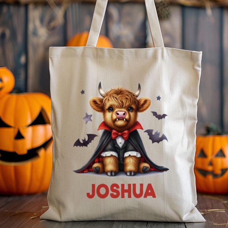 Personalized Trick or Treat Bag, Custom Halloween Bag, Halloween Tote, Kids Halloween Bag with Name, Custom Trick-or-Treat Bag, Highland Cow, Best Tote Bags Ideas, Cute Tote Bags Ideas, Tote Bag Design Ideas, Girls Tote Bag, Best Canvas Tote Bags Ideas