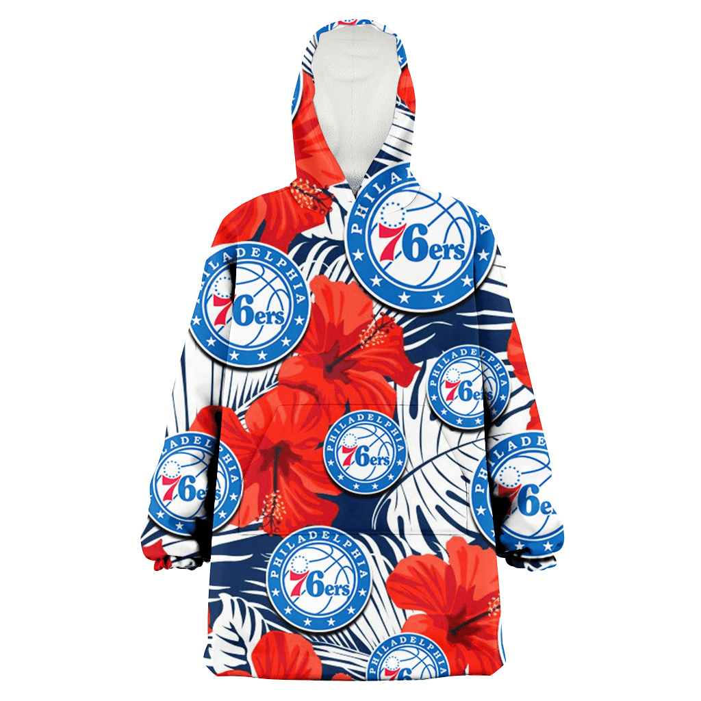 Philadelphia 76ers White Tropical Leaf Red Hibiscus Navy Background 3D Printed Hoodie Blanket Snug Hoodie