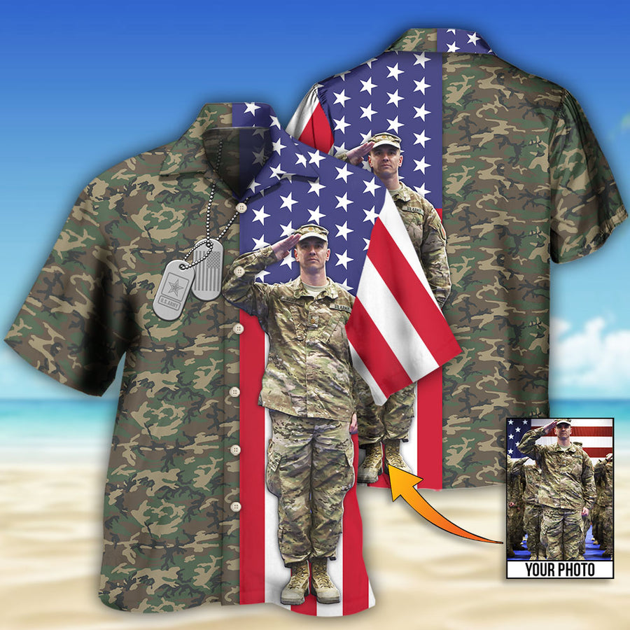 Us Army Tropical Us Flag Custom Photo – Hawaiian Shirt, Personalized Hawaiian Shirt For Men, Army Shirt