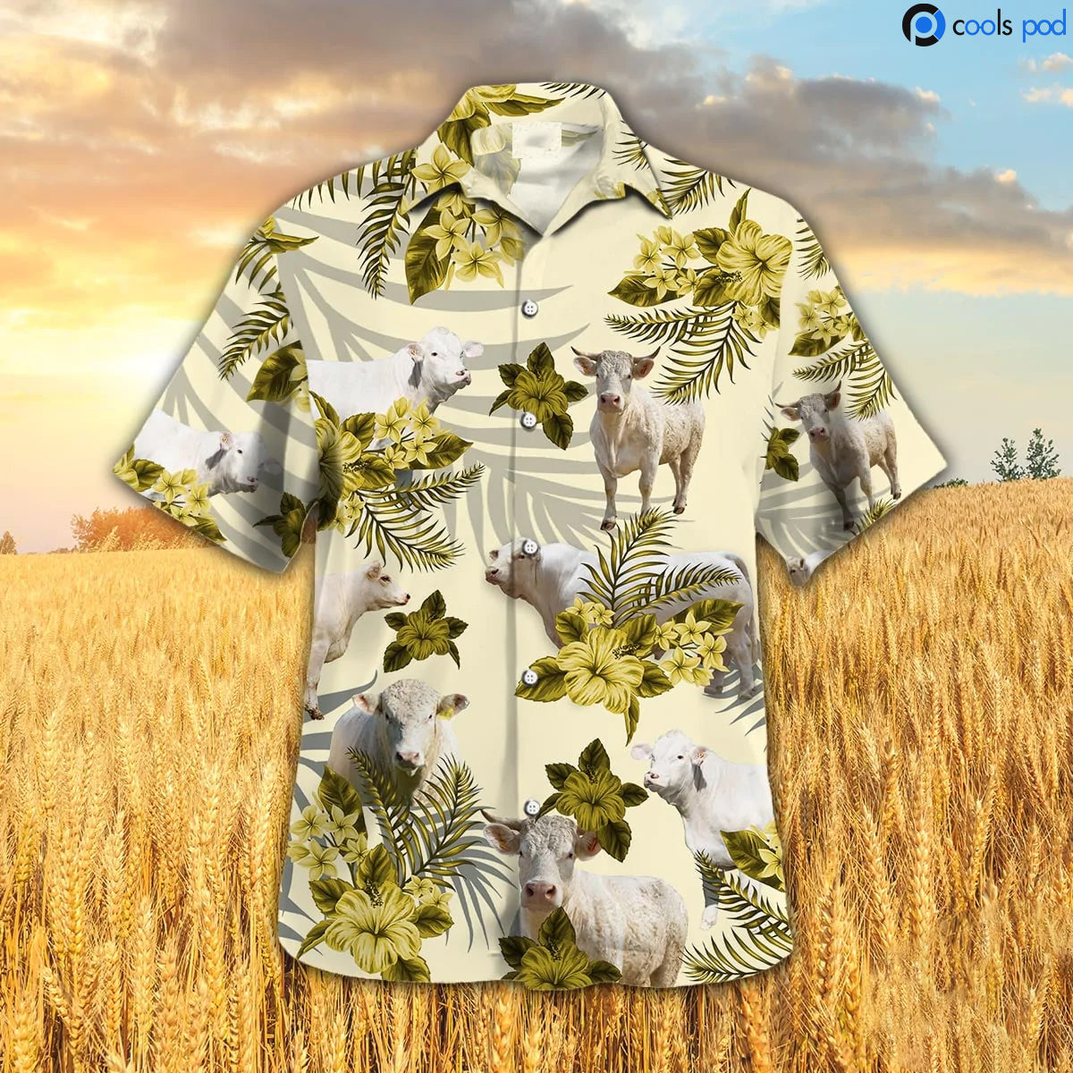 Charolais Hibiscus Hawaiian Shirt, Yellow Hawaiian Shirt For Farmer, Cute Hawaii Shirt Men Women